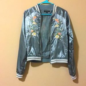 Romeo and Juliet Couture Shiny Blue Bomber Jacket, Size Small